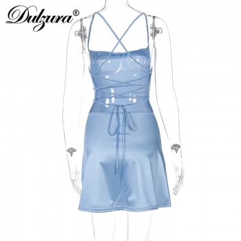 Women Satin Strap Mini Dress Lace Up Bandage Bodycon Backless Sexy Streetwear Blue